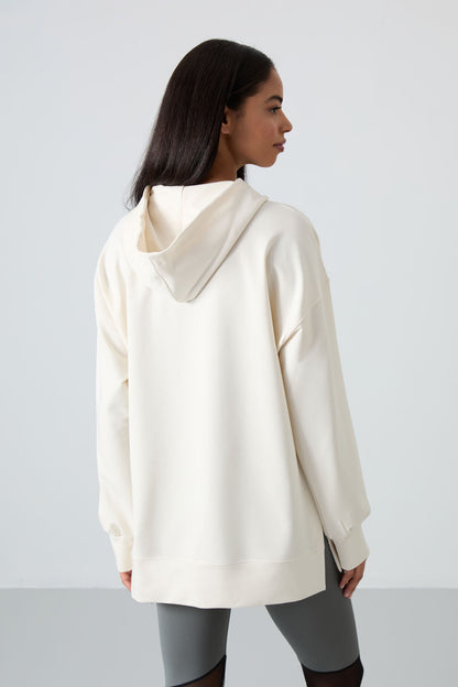 Ecru Balloon Collar Embroidered Women's Oversize Tunic Sweatshirt - 97163