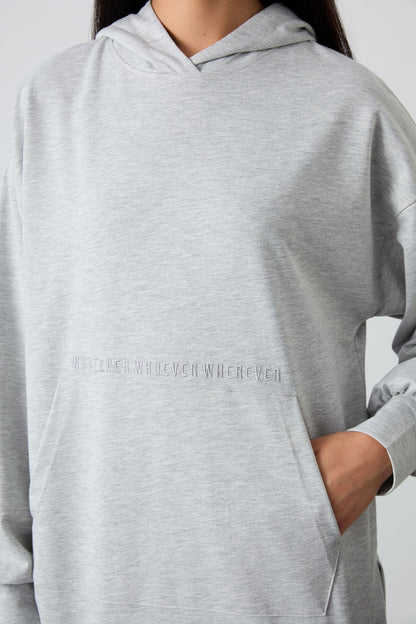Grey Melange Balloon Collar Embroidered Women's Oversize Tunic Sweatshirt - 97163
