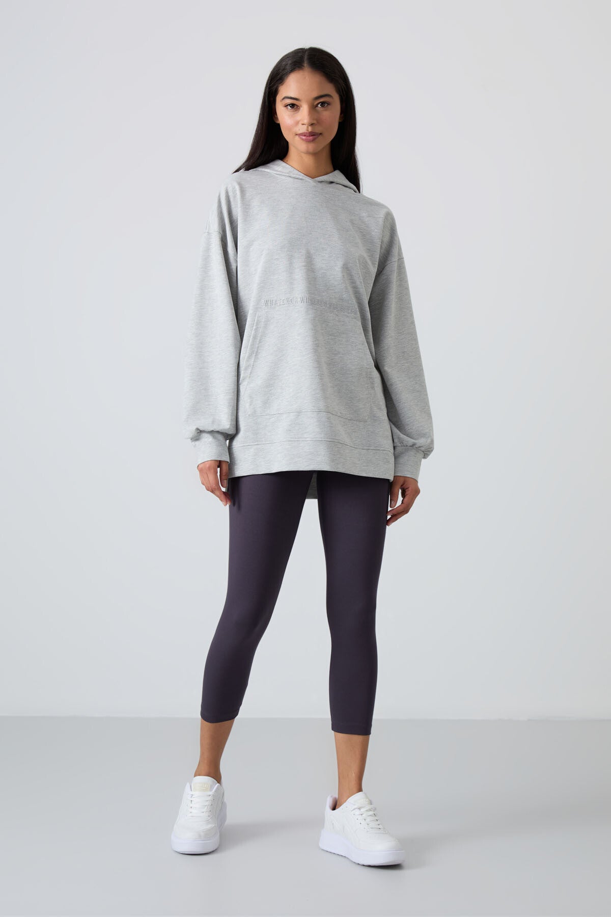 Grey Melange Balloon Collar Embroidered Women's Oversize Tunic Sweatshirt - 97163
