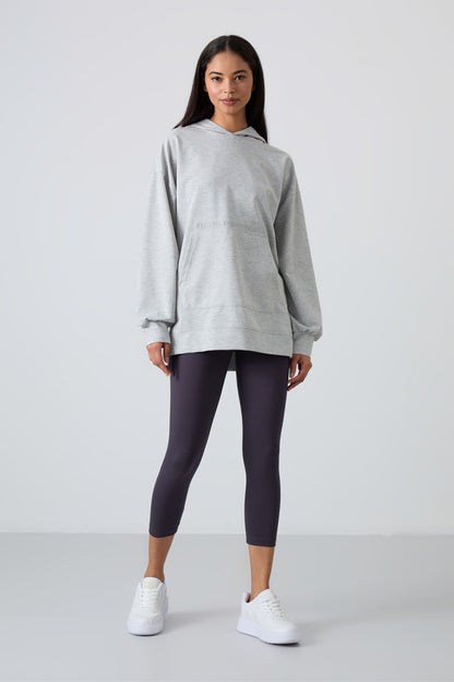 Grey Melange Balloon Collar Embroidered Women's Oversize Tunic Sweatshirt - 97163