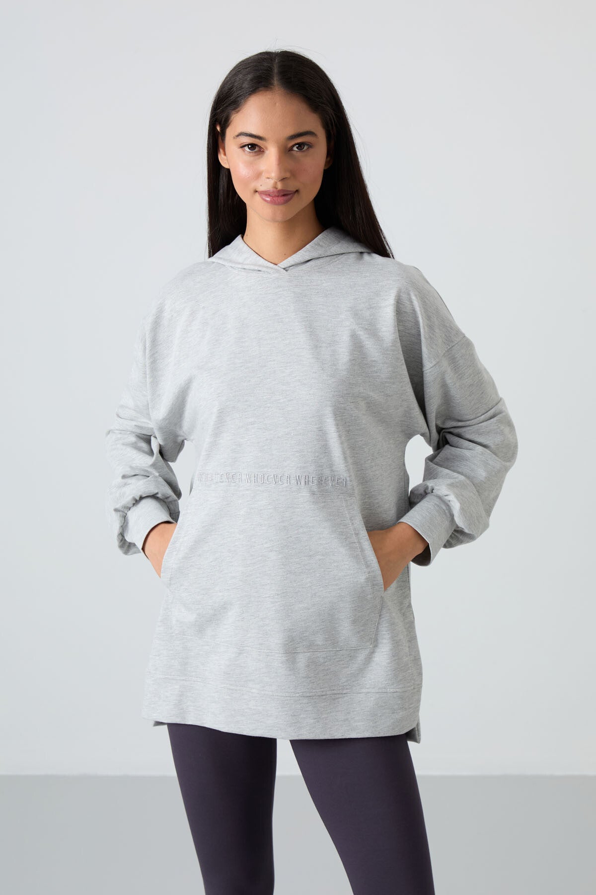 Grey Melange Balloon Collar Embroidered Women's Oversize Tunic Sweatshirt - 97163