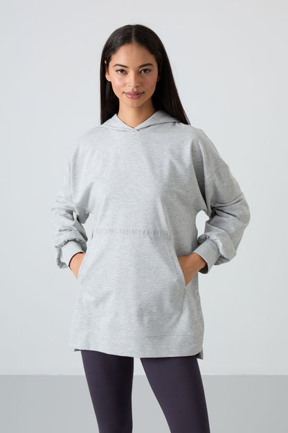 Grey Melange Balloon Collar Embroidered Women's Oversize Tunic Sweatshirt - 97163