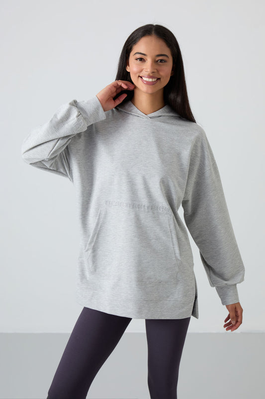 Grey Melange Balloon Collar Embroidered Women's Oversize Tunic Sweatshirt - 97163