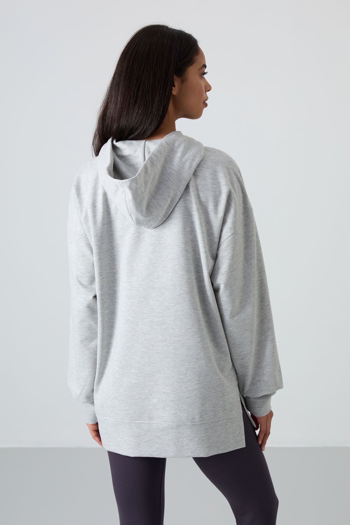 Grey Melange Balloon Collar Embroidered Women's Oversize Tunic Sweatshirt - 97163