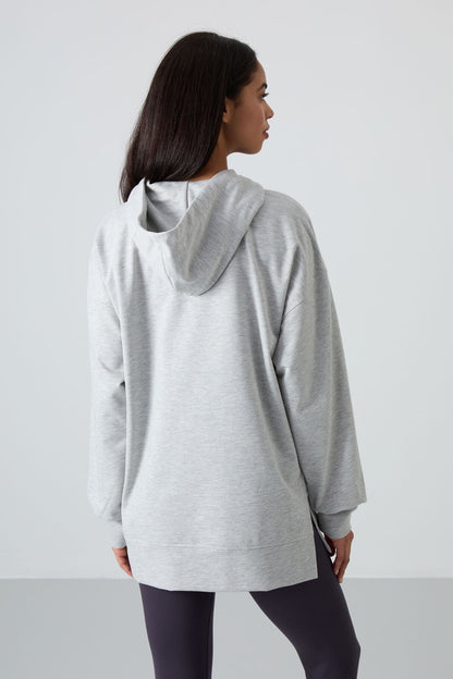 Grey Melange Balloon Collar Embroidered Women's Oversize Tunic Sweatshirt - 97163