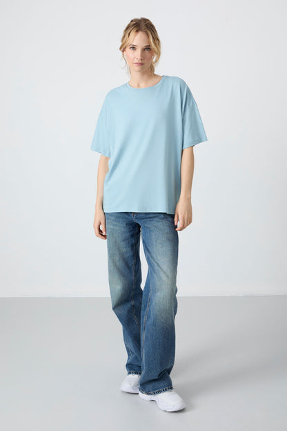Light Blue Jersey Modal Soft Touch Oversize Fit Basic Women's T-Shirt - 97285