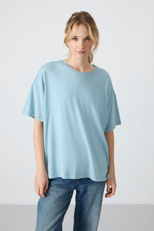 Light Blue Jersey Modal Soft Touch Oversize Fit Basic Women's T-Shirt - 97285