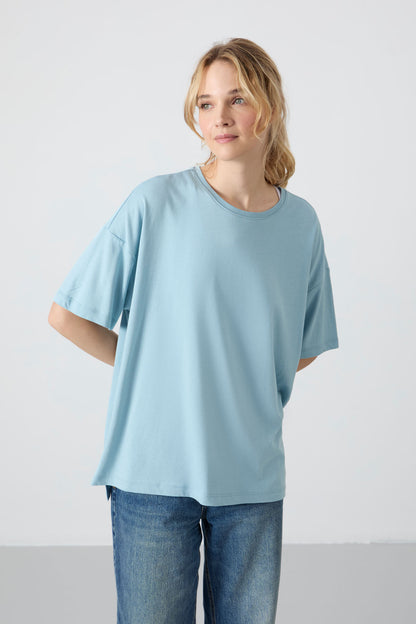 Light Blue Jersey Modal Soft Touch Oversize Fit Basic Women's T-Shirt - 97285