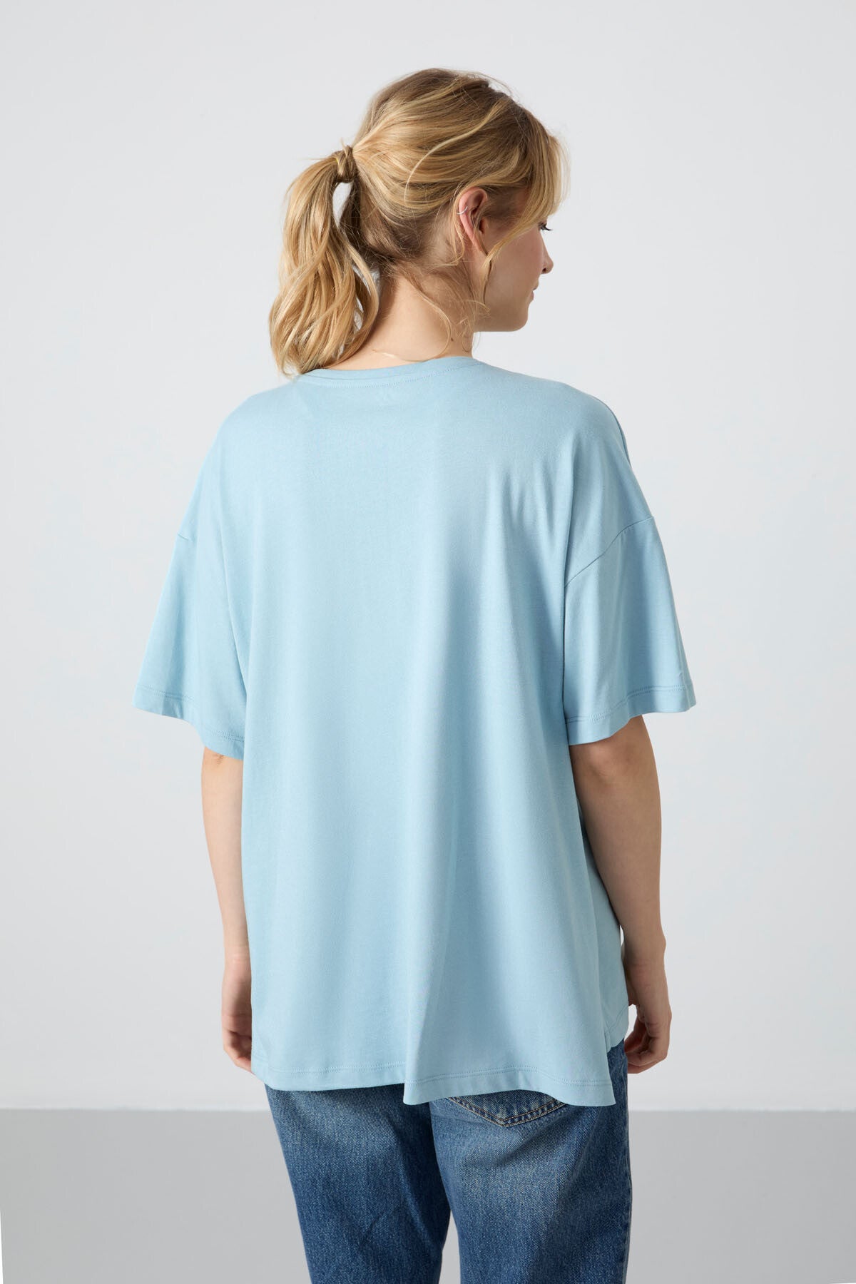 Light Blue Jersey Modal Soft Touch Oversize Fit Basic Women's T-Shirt - 97285