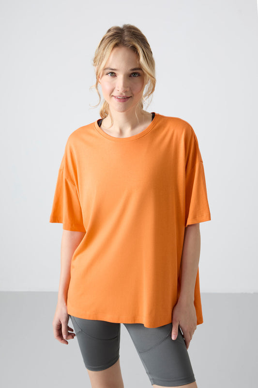 Modal Cotton Orange Soft Touch Oversize Fit Basic Women's T-Shirt - 97285