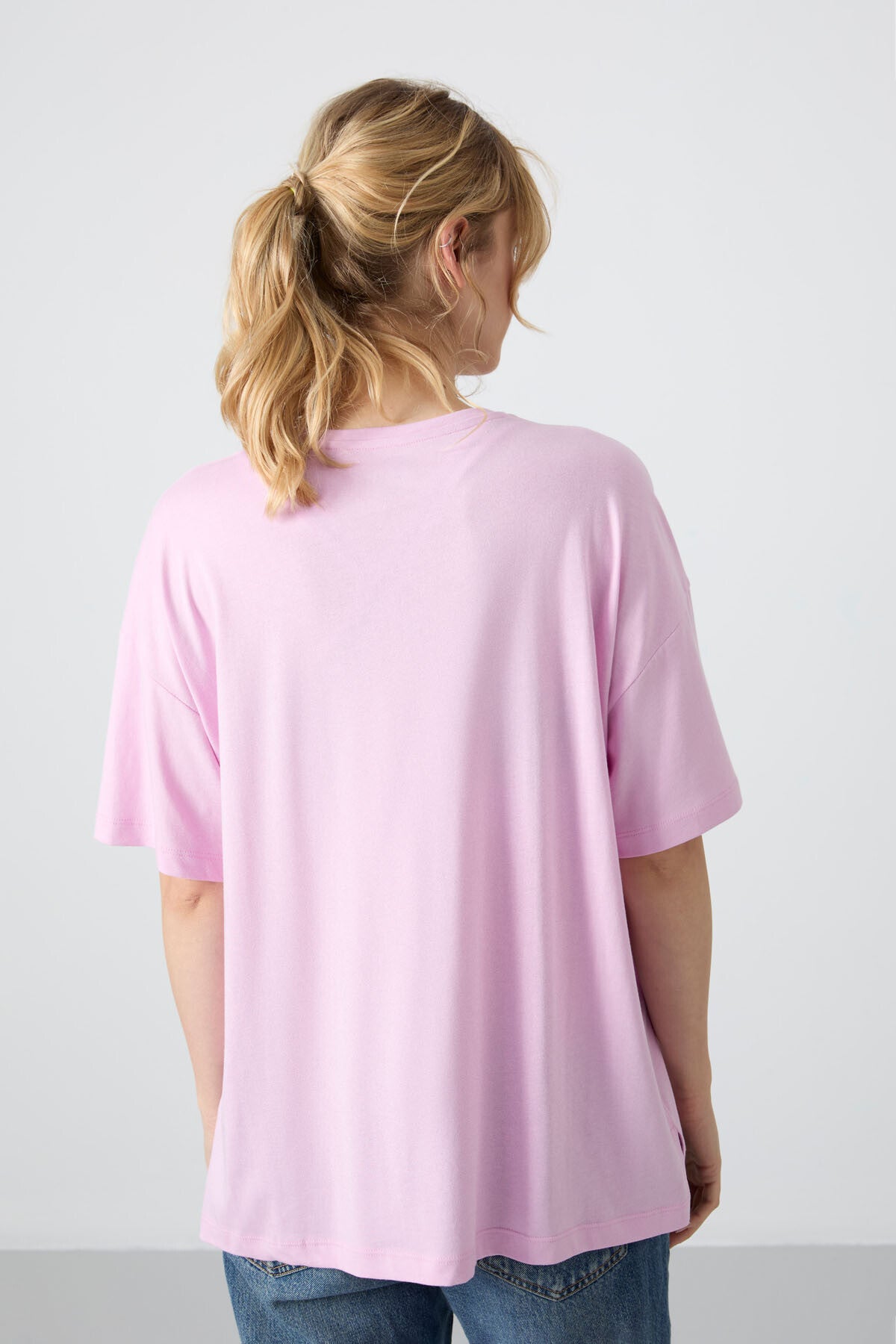 Pink Modal Knit Soft Touch Oversize Fit Basic Women's T-Shirt - 97285