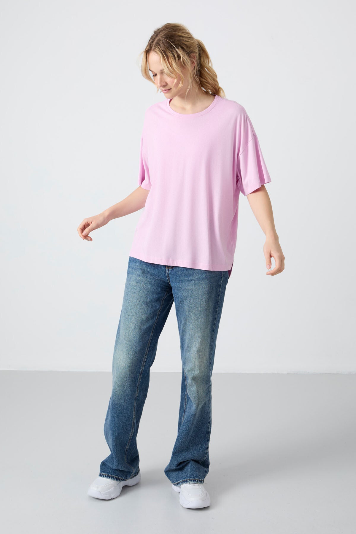 Pink Modal Knit Soft Touch Oversize Fit Basic Women's T-Shirt - 97285