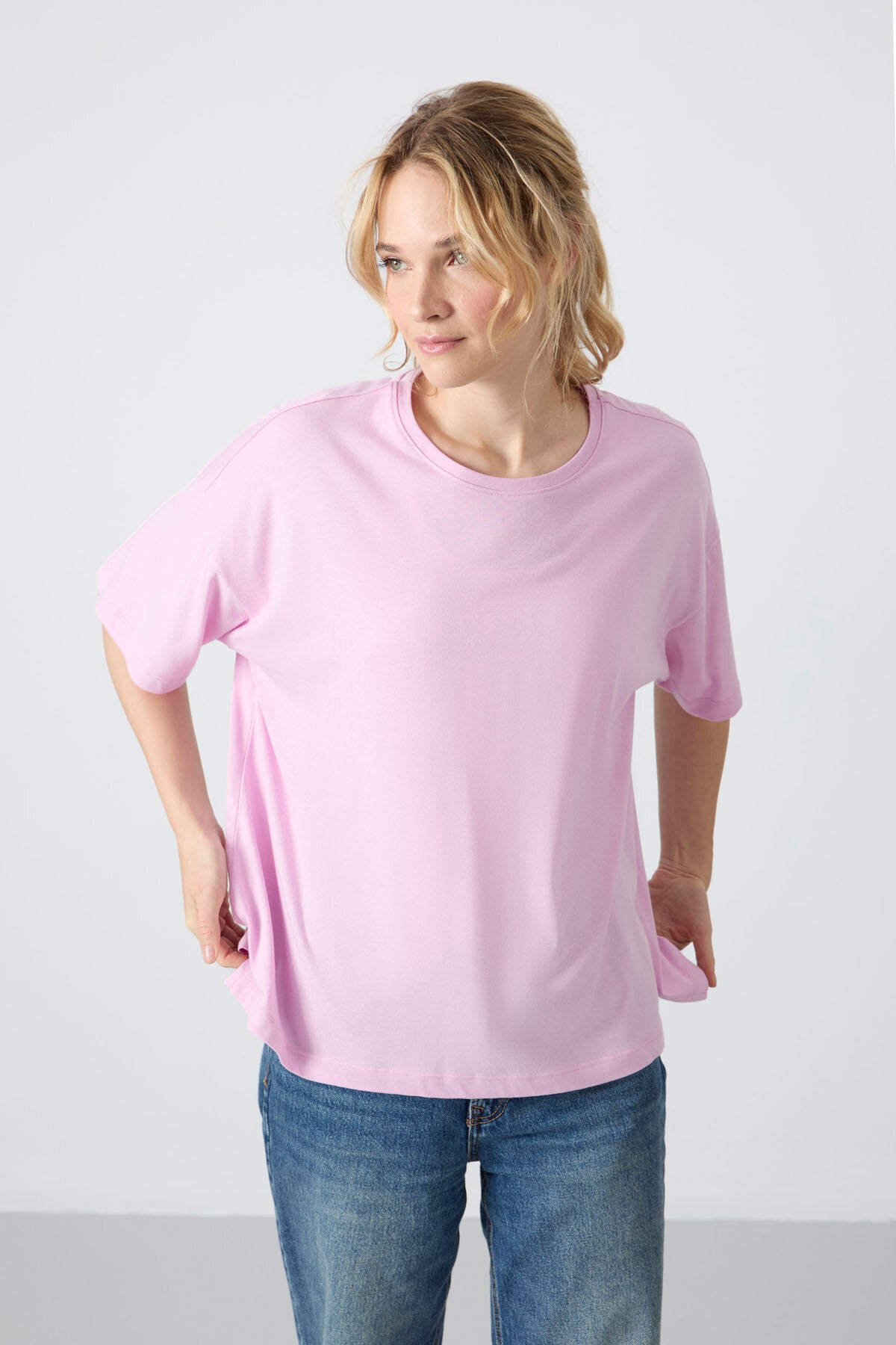 Pink Modal Knit Soft Touch Oversize Fit Basic Women's T-Shirt - 97285