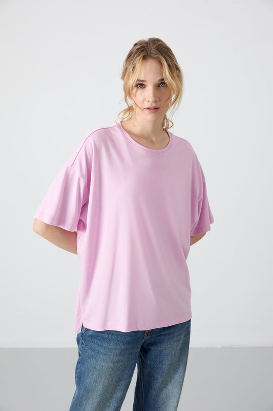 Pink Modal Knit Soft Touch Oversize Fit Basic Women's T-Shirt - 97285