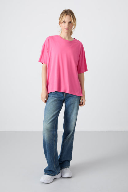 Sugar Pink Jersey Modal Soft Touch Oversize Fit Basic Women's T-Shirt - 97285