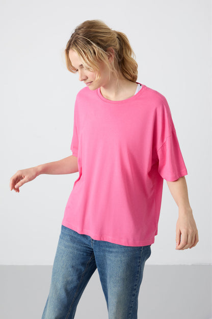 Sugar Pink Jersey Modal Soft Touch Oversize Fit Basic Women's T-Shirt - 97285