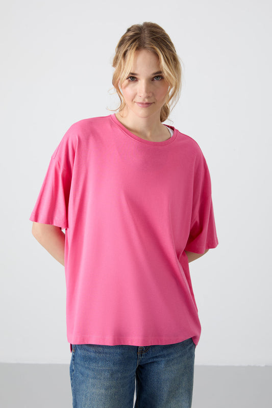 Sugar Pink Jersey Modal Soft Touch Oversize Fit Basic Women's T-Shirt - 97285
