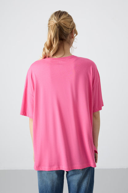 Sugar Pink Jersey Modal Soft Touch Oversize Fit Basic Women's T-Shirt - 97285
