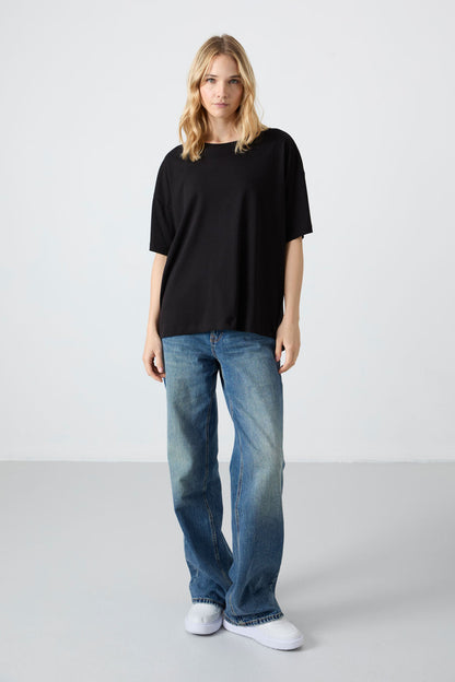 Black Modal Cotton Soft Touch Oversize Fit Basic Women's T-Shirt - 97285