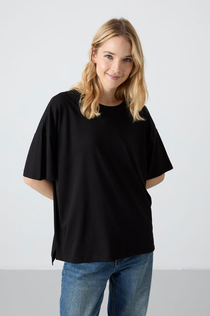 Black Modal Cotton Soft Touch Oversize Fit Basic Women's T-Shirt - 97285