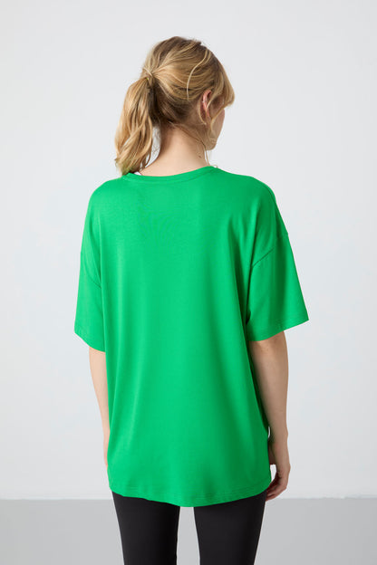 Green Pique Modal Soft Touch Oversize Fit Basic Women's T-Shirt - 97285