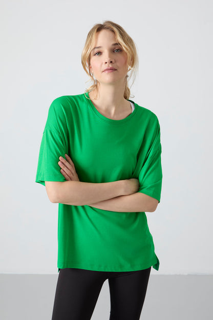 Green Pique Modal Soft Touch Oversize Fit Basic Women's T-Shirt - 97285