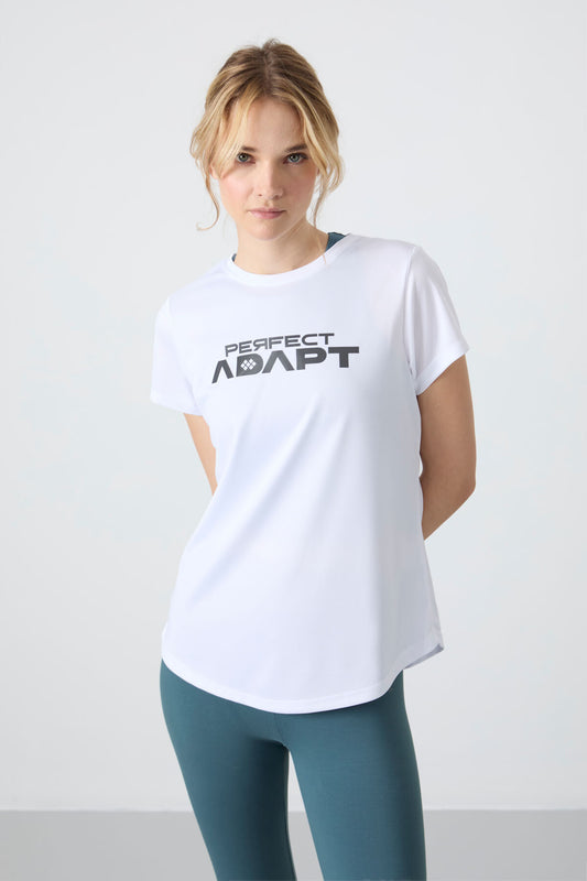 White Polyester Breathable Textured Thin Flexible Standard Fit Performance Women's T-Shirt - 97283