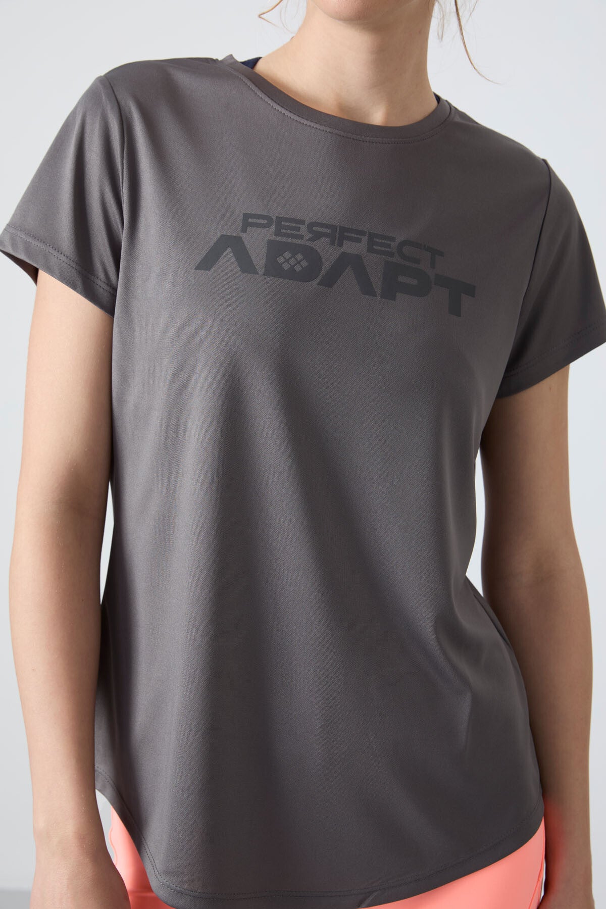 Dark Grey Polyester Breathable Textured Thin Flexible Standard Fit Performance Women's T-Shirt - 97283
