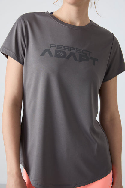 Dark Grey Polyester Breathable Textured Thin Flexible Standard Fit Performance Women's T-Shirt - 97283