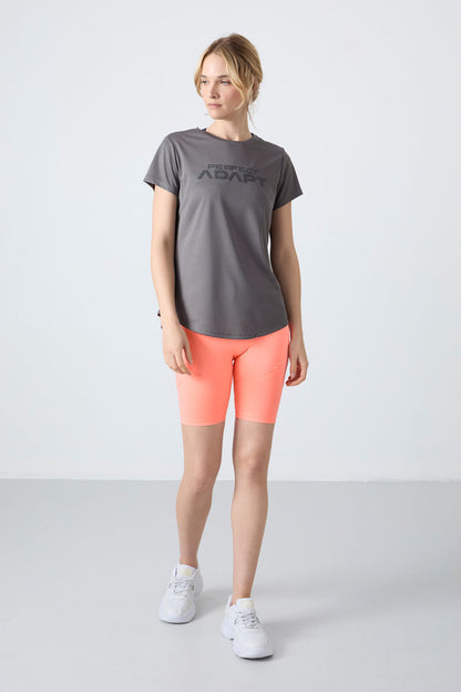 Dark Grey Polyester Breathable Textured Thin Flexible Standard Fit Performance Women's T-Shirt - 97283