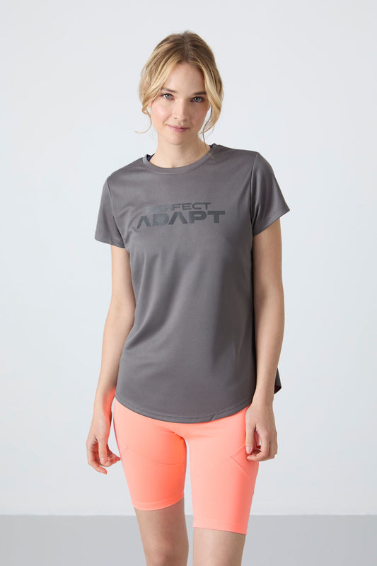 Dark Grey Polyester Breathable Textured Thin Flexible Standard Fit Performance Women's T-Shirt - 97283