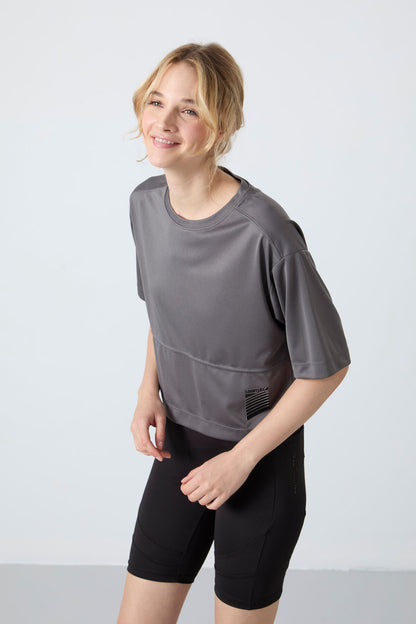Dark Grey Polyester Breathable Textured Thin Flexible Oversize Fit Performance Women's T-Shirt - 97284
