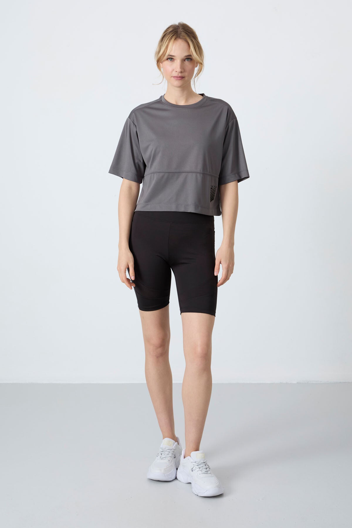 Dark Grey Polyester Breathable Textured Thin Flexible Oversize Fit Performance Women's T-Shirt - 97284