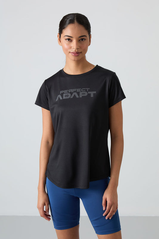 Black Polyester Breathable Textured Thin Flexible Standard Fit Performance Women's T-Shirt - 97283