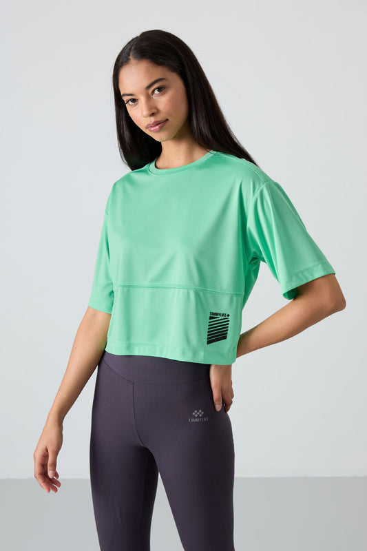 Mint Green Polyester Breathable Textured Thin Flexible Oversize Fit Performance Women's T-Shirt - 97284