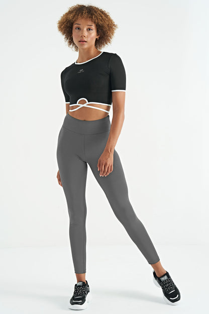 Dark Grey Logo Print Detailed High Waist Scuba Fabric Slim Fit Women's Tights - 94627