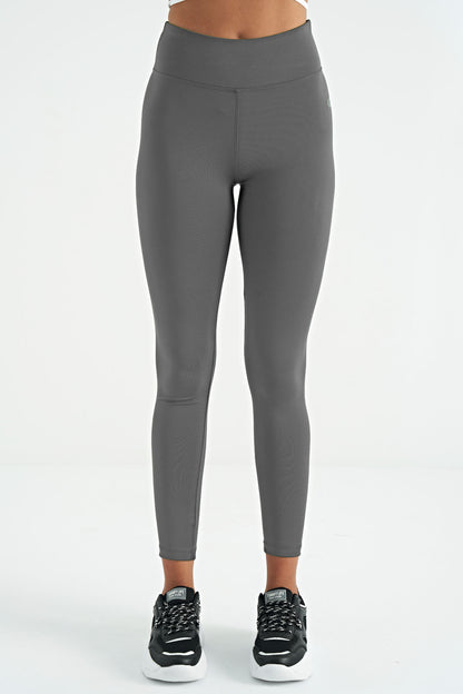 Dark Grey Logo Print Detailed High Waist Scuba Fabric Slim Fit Women's Tights - 94627