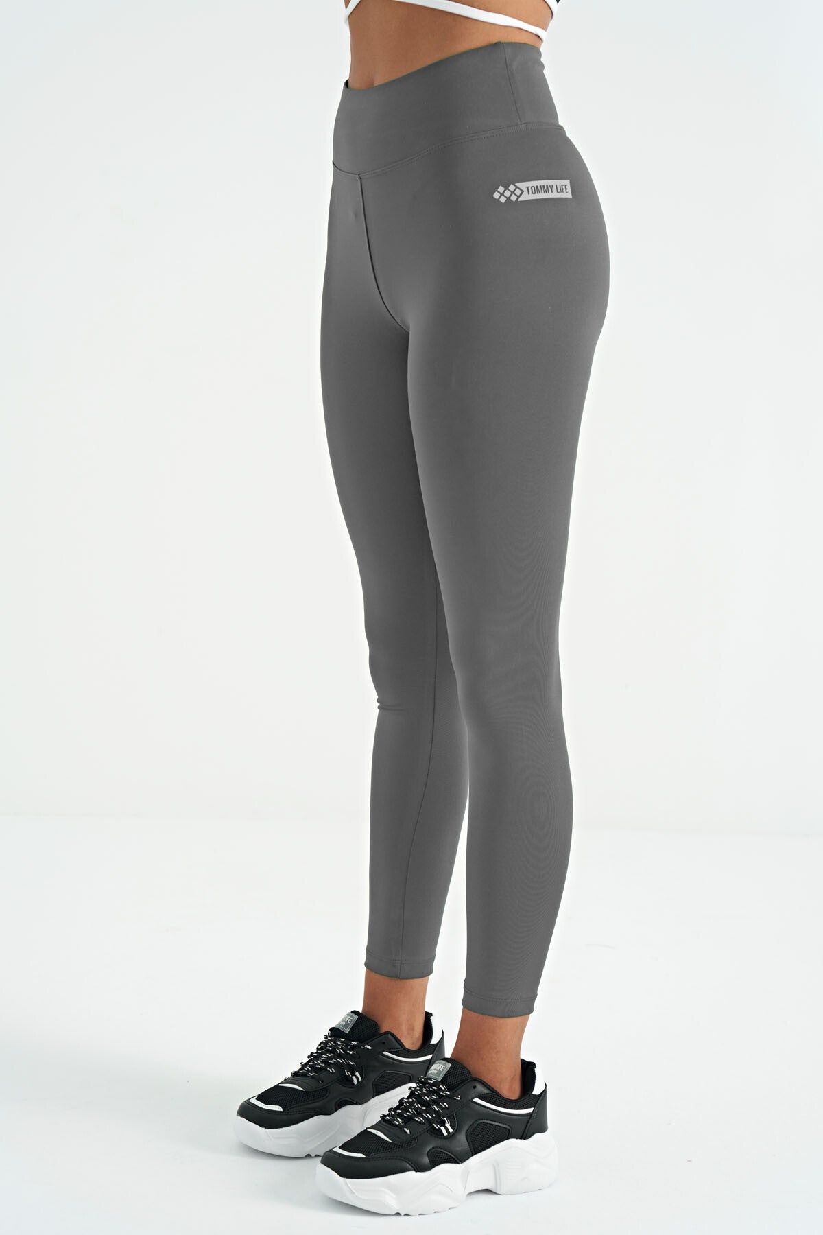 Dark Grey Logo Print Detailed High Waist Scuba Fabric Slim Fit Women's Tights - 94627