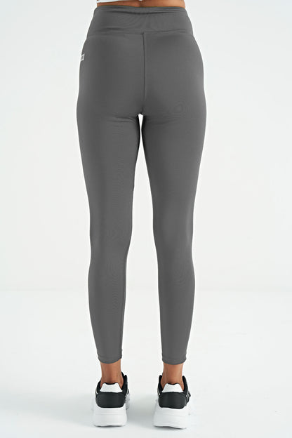 Dark Grey Logo Print Detailed High Waist Scuba Fabric Slim Fit Women's Tights - 94627