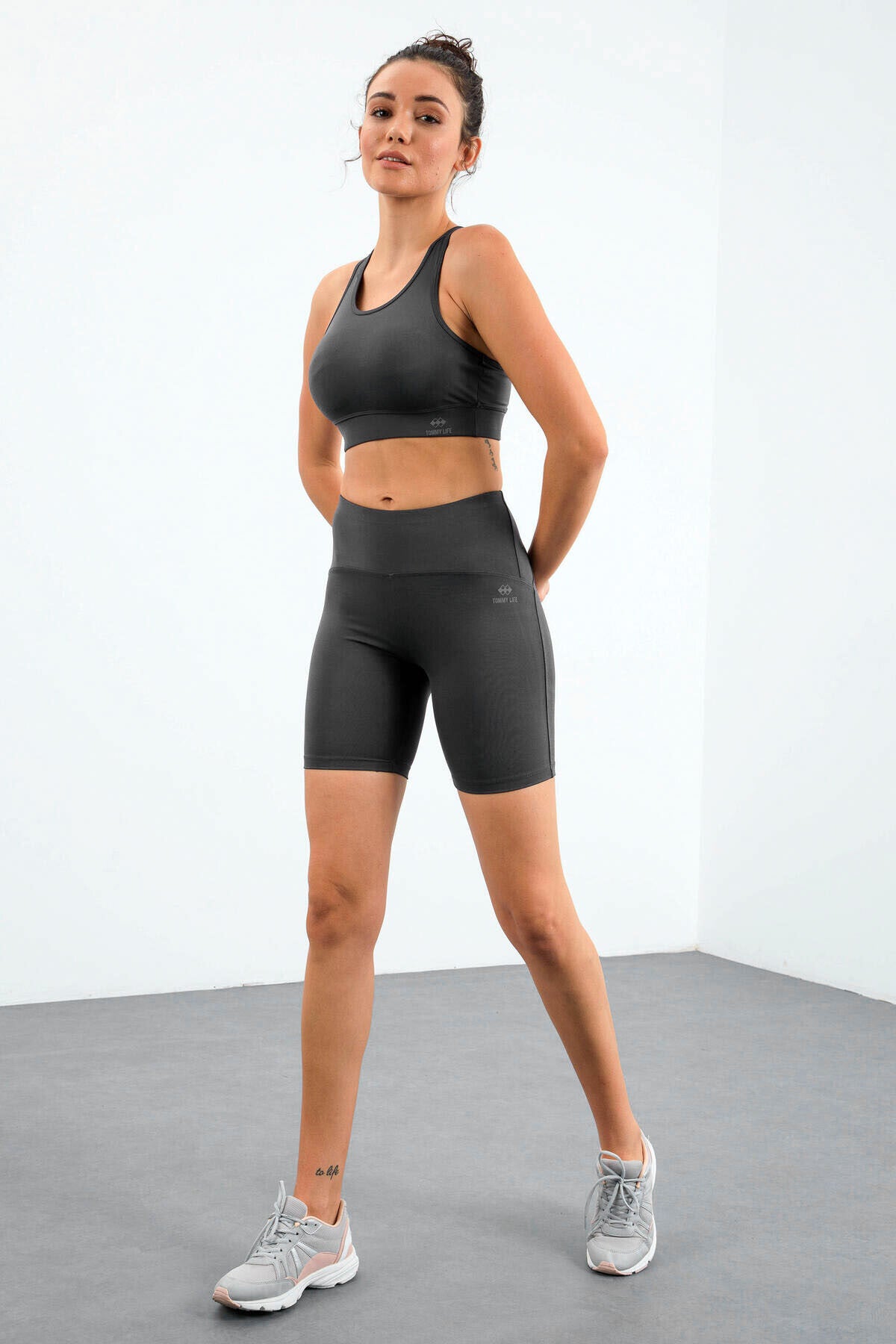 Dark Grey High Waist Wrap-up Slim Fit Bustier Biker Women's Tights Set - 95303