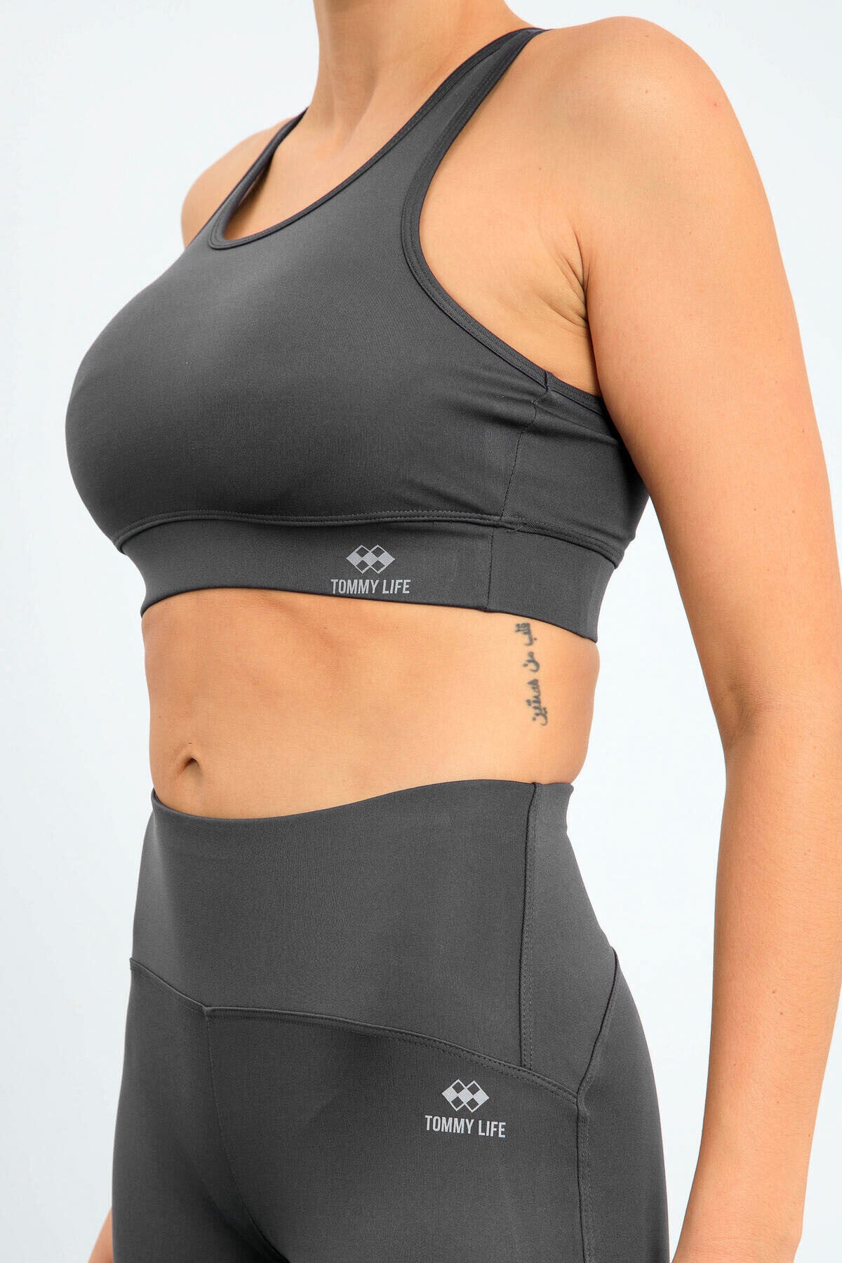 Dark Grey High Waist Wrap-up Slim Fit Bustier Biker Women's Tights Set - 95303