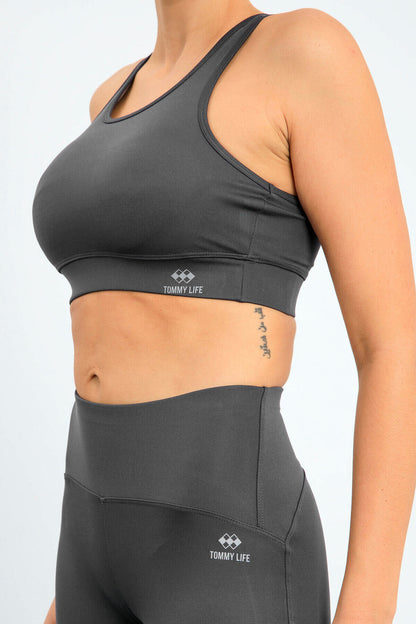Dark Grey High Waist Wrap-up Slim Fit Bustier Biker Women's Tights Set - 95303