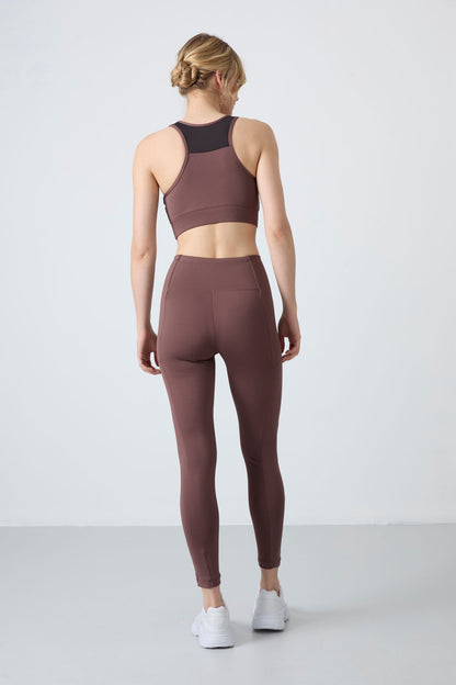 Coffee Brown Polyester Flexible Standard Fit Performance Women's Tights Set - 95332