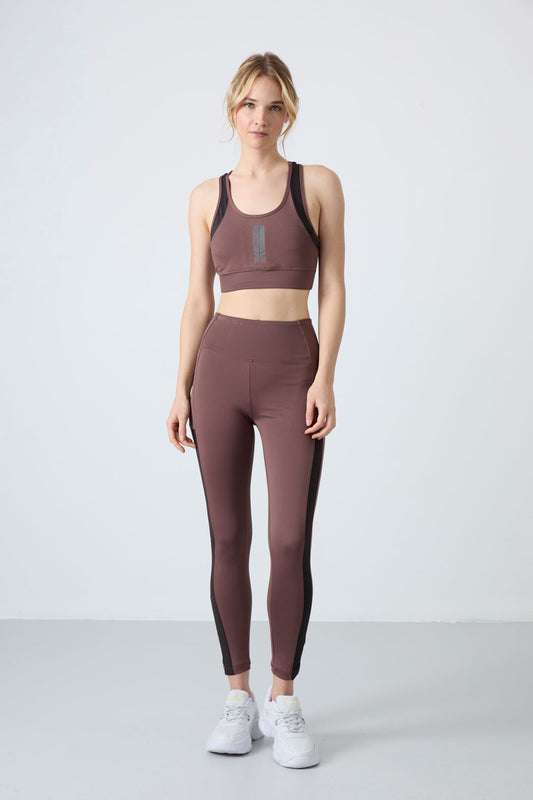 Coffee Brown Polyester Flexible Standard Fit Performance Women's Tights Set - 95332