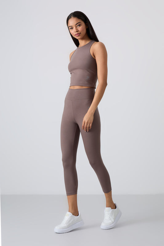 Brown High Waist Capri-Crop Singlet Slim Fit Women's Tights Set - 95284