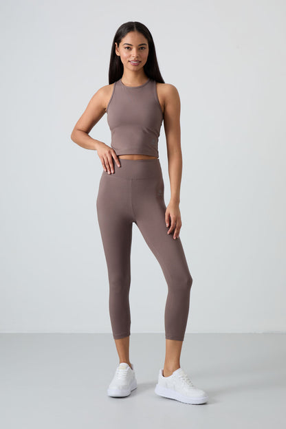 Brown High Waist Capri-Crop Singlet Slim Fit Women's Tights Set - 95284