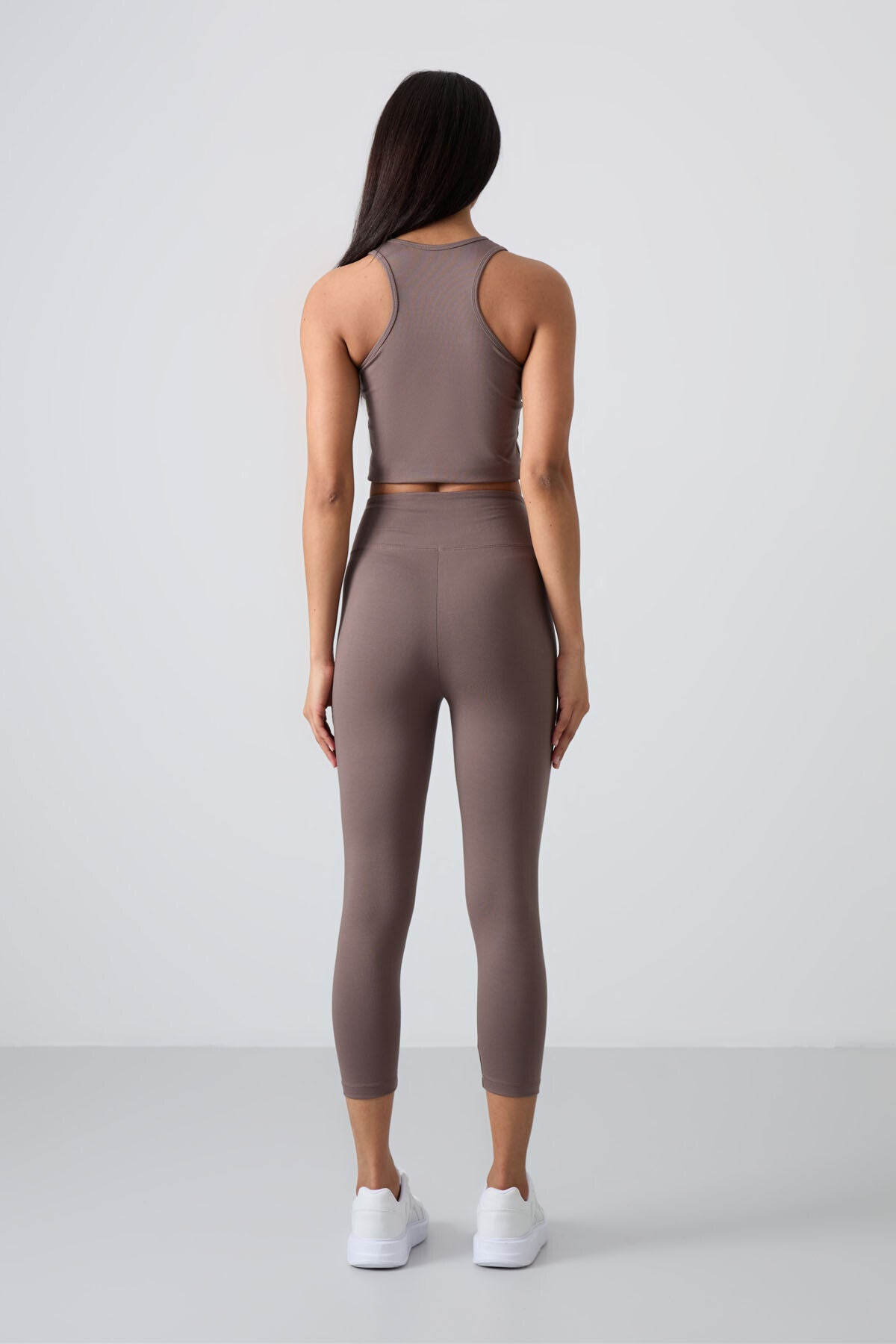 Brown High Waist Capri-Crop Singlet Slim Fit Women's Tights Set - 95284