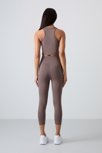 Brown High Waist Capri-Crop Singlet Slim Fit Women's Tights Set - 95284