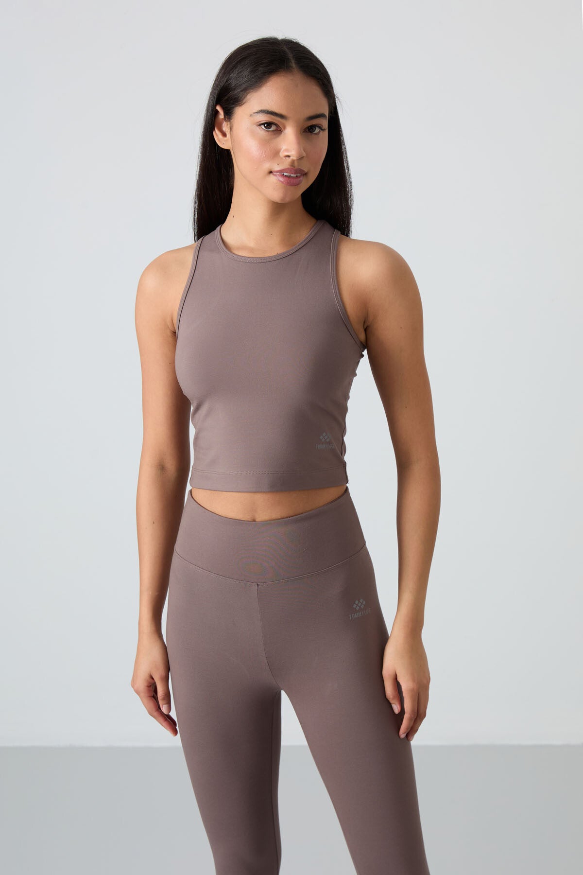 Brown High Waist Capri-Crop Singlet Slim Fit Women's Tights Set - 95284