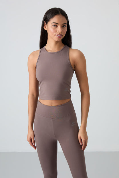 Brown High Waist Capri-Crop Singlet Slim Fit Women's Tights Set - 95284